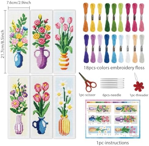 INFUNLY 6PCS Cross Stitch Bookmark Kit for Adults Flower Vase Stamped Embroidery Bookmark Kit with Backing Felt Floss Instruction for Book Lovers Readers - Image 2