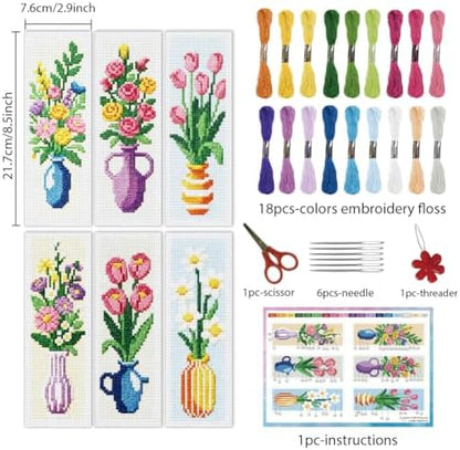 INFUNLY 6PCS Cross Stitch Bookmark Kit for Adults Flower Vase Stamped Embroidery Bookmark Kit with Backing Felt Floss Instruction for Book Lovers Readers - Image 2
