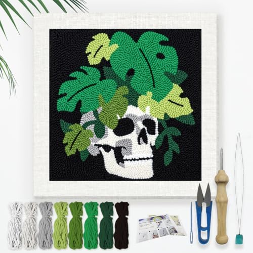 DOODLREAM Tropical Leaf Skull Needle Kit for Beginner, 9.4"x 9.4" Gothic Botanical Punch Stitching Craft Set, DIY Embroidery Starter with Printed Frame, Instruction, Threader, Yarn, Punch Needle by Doodlream