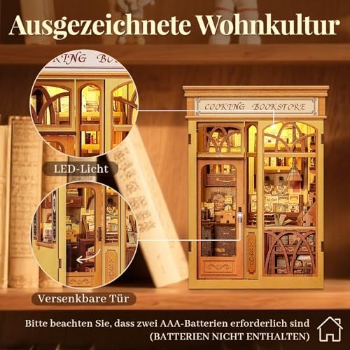 Cutefun Book Nook Kit - DIY Miniature Dollhouse Kit 3D Creative Decorative Bookend 3D Wooden Puzzle for Adults, Bookshelf Insert Library Decor with LED Light (Cooking Bookstore) - Image 4