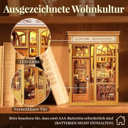 Cutefun Book Nook Kit - DIY Miniature Dollhouse Kit 3D Creative Decorative Bookend 3D Wooden Puzzle for Adults, Bookshelf Insert Library Decor with LED Light (Cooking Bookstore) - Image 4
