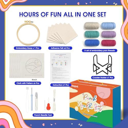 yuegool 6PCS Landscapes Punch Needle Coasters Kit,Easy DIY Punch Needle Embroidery Kit for Beginners Adults Kids Including Patterns, Tools, Yarns, Hoop, Instruction, Coaster Holder Art Craft Supplies - Image 2