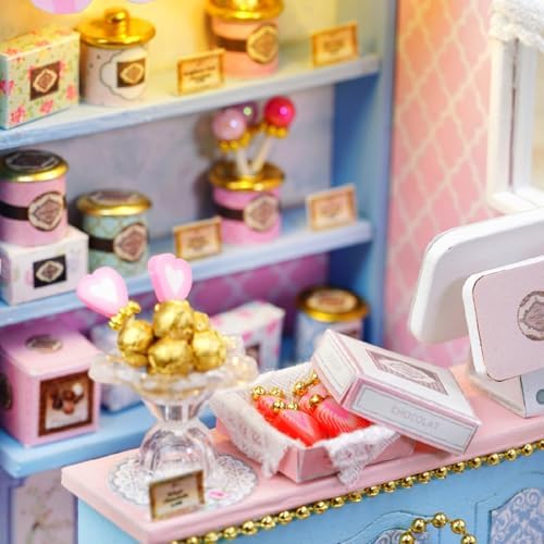 DIY Miniature Dollhouse Kits - Wooden Mini Model House with LED Lights, Tiny Furniture & Accessories – Craft Building Kits for Teens & Adults (Yummy Candy Shop) – Birthday Valentine's Gift - Image 4