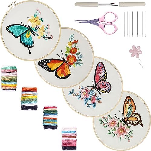 Bonroy 4 Sets Embroidery Kit for Beginners,Embroidery Art Craft Handy Sewing Include Clothes with Pattern,Embroidery Hoops, Instructions,Color Threads Needle (Butterfly) (CX-55) by Bonroy