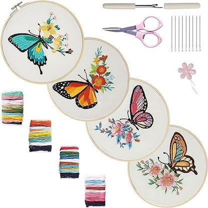 Bonroy 4 Sets Embroidery Kit for Beginners,Embroidery Art Craft Handy Sewing Include Clothes with Pattern,Embroidery Hoops, Instructions,Color Threads Needle (Butterfly) (CX-55) by Bonroy