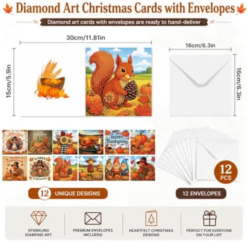 12 PCS Diamond Art Thanksgiving Cards with Envelopes, Thanksgiving Crafts for Adults, Fall Diamond Painting Kits for Card Making, Holiday DIY Kits (Orange) - Image 2