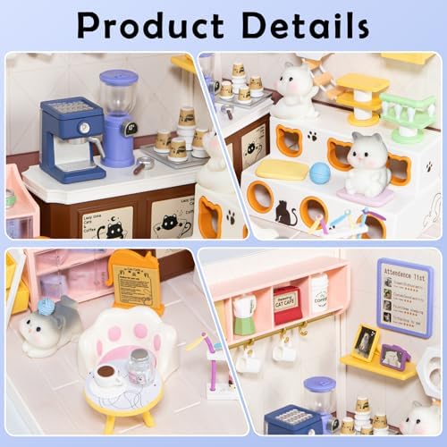 Cat Cafe DIY Miniature House Kit for Adults, 3D Dollhouse with LED Light & Dustproof Door, Stackable Connectable Display Case, Creative Gift for Coffee & Cat Lovers Teens Women - Image 3