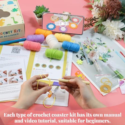 LOMOHOO Crochet Kit for Beginners, 6PCS Crochet Coasters Kit, Flower Potted Plant Crochet Kit with Crochet Hook, Colorful Yarn, Stitch Marker, Instruction, Craft Lover DIY Material Tools(Colorful) - Image 3