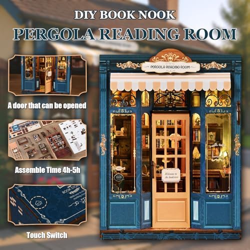 DIY Miniature Dollhouse Kit Book Nook Pergola Reading Room with LED Light, Wooden 3D Miniature House Craft Kit for Adults, Bookshelf Insert Decor - Image 3