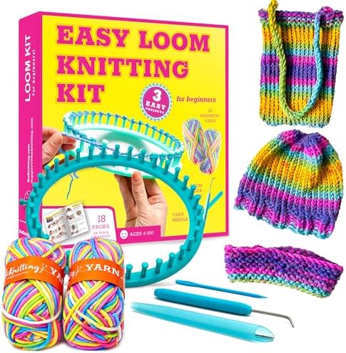 BeKnitting Loom Kit - Beginner Learn to Knit Hat, Bag and Headband for Kids & Adults | DIY Arts & Crafts w/Round Loom, Yarn, Crochet Hook, & Pen | Weaving | Holiday Gifts, Gift-Ready Box by BeKnitting
