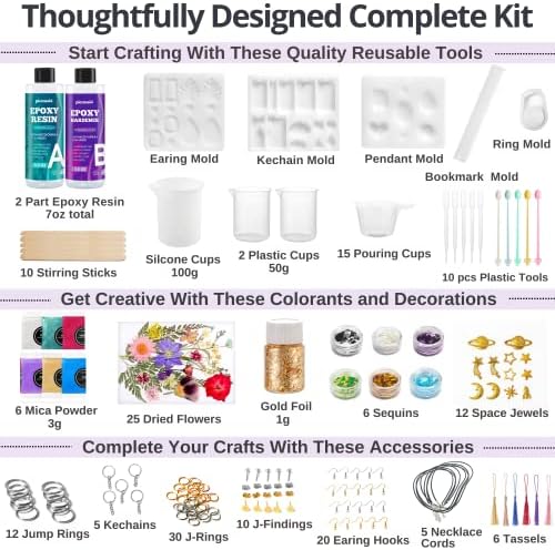 Piccassio Epoxy Resin Kit for Beginners – 208-Piece Jewelry Making & Craft Kit with Molds, Dried Flowers, Glitter & Tools – Complete Starter Set for Keychains, Bookmarks, Pendants & DIY Resin Art - Image 3