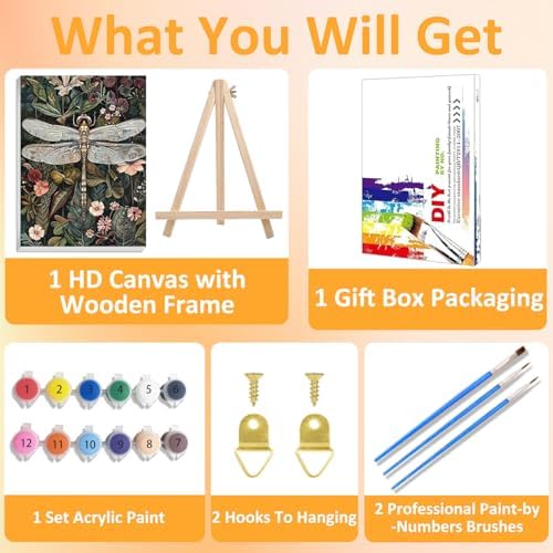 Framed Paint by Numbers Kit for Adults with Wooden Easel, Dragonfly, 16x20 inch - Image 4