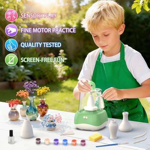 Mini Pottery Wheel for Kids - Fingertip Pottery Painting Craft Kit with 2.3in Turntable, Clay and Flowers, Mess Free Arts & Crafts Toys Birthday Christmas Gift for Girls Boys 6 7 8 9 10 11 12+, Green - Image 5