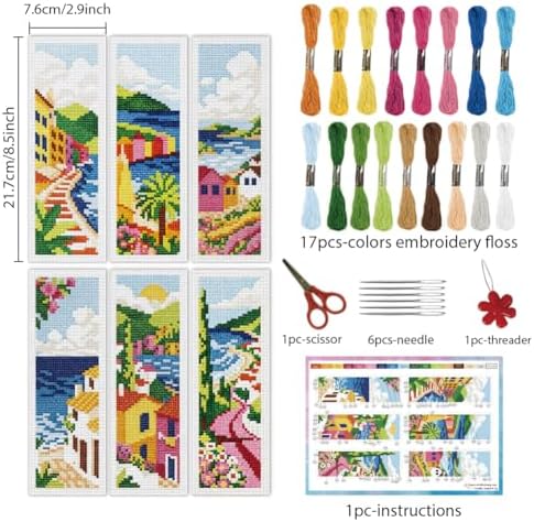 INFUNLY 6pcs Scenery Cross Stitch Bookmark Kit DIY Beach Stamped Embroidery Bookmark Kits 8.7×3.2" Mountain Needlepoint Kit with Instruction Town Easy Cross Stitch Kits for Book Lovers Readers - Image 2