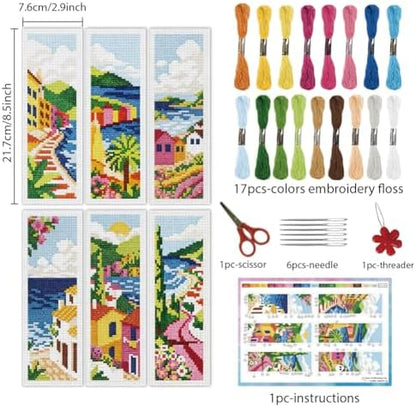 INFUNLY 6pcs Scenery Cross Stitch Bookmark Kit DIY Beach Stamped Embroidery Bookmark Kits 8.7×3.2" Mountain Needlepoint Kit with Instruction Town Easy Cross Stitch Kits for Book Lovers Readers - Image 2