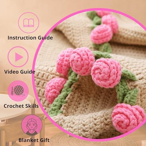 Yoyo Crocheted Rose Blanket Kit for Beginners, 40 inches Flower Bouquet Shawl Kits for Adults, Learn How to Knit with Yarn, Hook & Instructions, DIY Gifts for Women (Pink Rose Bouquet Blanket Kits) - Image 4