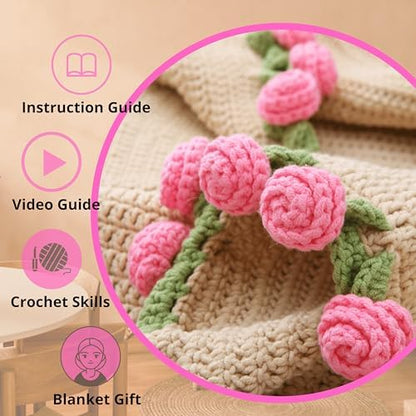 Yoyo Crocheted Rose Blanket Kit for Beginners, 40 inches Flower Bouquet Shawl Kits for Adults, Learn How to Knit with Yarn, Hook & Instructions, DIY Gifts for Women (Pink Rose Bouquet Blanket Kits) - Image 4