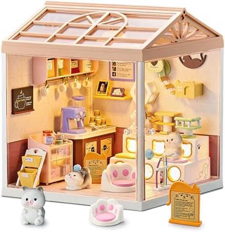 DIY Miniature Cat Café House Kit, Mini Pet Room Craft by Qudify