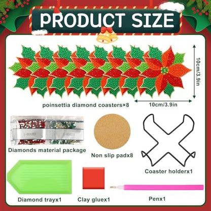 UPINS 8Pcs Christmas Diamond Art Painting Coaster Kit, Poinsettia Coaster Christmas Red Flower Coasters with Holder for Xms DIY Crafts Gifts Holiday Home Kitchen Table Decor - Image 2