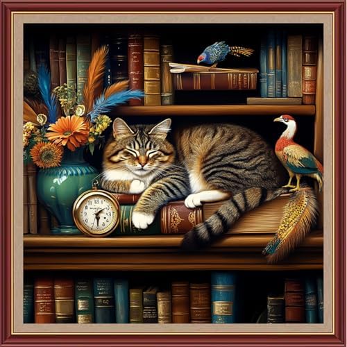 Dooxvey Cross Stitch Kits for Adults Beginners,Full Range of Cross-Stitch Stamped Kits Needlepoint Kits for Beginners Embroidery Kits 11CT Cross Stitch Patterns-Bookshelf Sleeping Cat 18x18 inch by DooxveyStampedEmbroideryKit