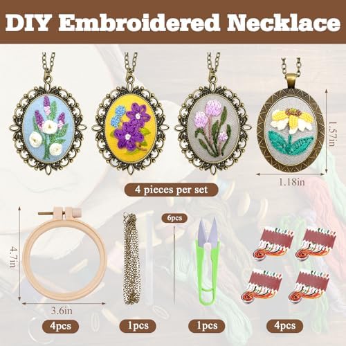 ZOCONE New 4 Packs Embroidery Necklace Kits, Embroidery Pendant Kit Mini Cross Stitch Kit with Hoop, Necklace, Pendant, Stamped Pattern Cloth, Instructions, etc., Embroidery Kits for Adults - Image 2