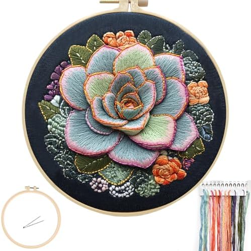 FONNUY Succulents Embroidery Kit for Beginners, Stamped Embroidery Patterns Kits for Adults with Hoop, Easy to Follow Color Thread Needlework, 8'' Hoop (Chubby Leaves) by FONNUY