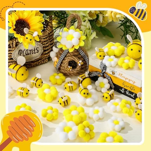 SmoothNovelty 35 Pcs Felt Bees Daisy Set for Bee Day Party Decor,15 Mini Honeybees and 20 Felt Sunflower for Beehive Accessories DIY Craft Baby Shower Birthday Gender Reveal Party Supplies - Image 3