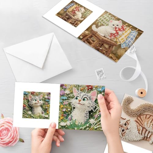 Artiphile DIY Pearl Art Painting Greeting Card Set Crafts Decor 6-Piece Foldable Cards Kit with Envelopes and Tools for Holiday Wishes Adult Crafting Project-Cat - Image 6