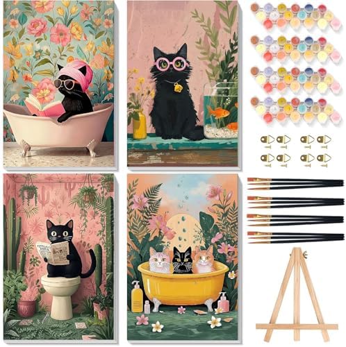4 Pack Cat Paint by Numbers for Adults with Framed Canvas - Wooden Easel by xackcme