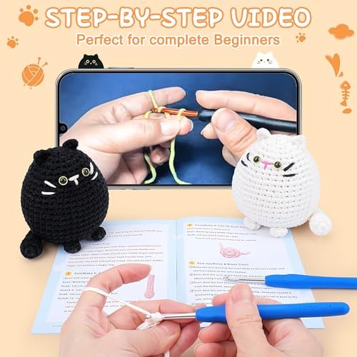 Crochet Kit for Beginners-2PCS Cat Crochet Kits for Adults Kids, Crochet Starter Kit with Step-by-Step Video Tutorials, Crochet Animals Kits DIY Craft Knitting Kit Learn to Crochet Kits for Adults - Image 2