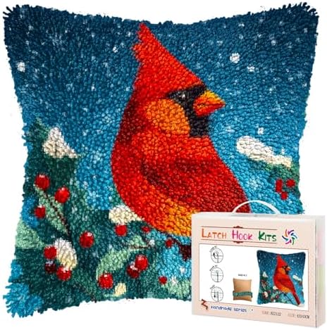 Cardinal Bird on Christmas Red Flower Latch Hook Pillow Kits for Adults DIY Pillow Cover Printed Pillowcase Crochet Yarns Hooking Handmade Cushion for Home Sofa Decor 17x17inch(4) by Unknown