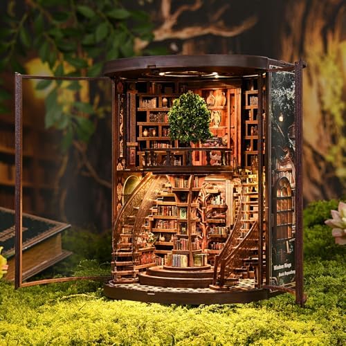 Book Nook Kit, Wisdom Rings Library DIY Miniature House with LED for Bookshelf Decor, 3D Wooden Puzzle Bookend, Relaxing DIY Craft for Adults & Teens (14+), Gift for Friends & Family by MOSTCLOUD