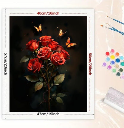 Floral Paint by Numbers Kit for Adults – DIY Red Roses and Butterflies Painting on Canvas 16x20 Inches, Acrylic Paint Set, Suitable for Beginners, Flower Art for Home Decoration or Gifts - Image 2