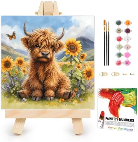 AUKELHJ Framed Paint by Numbers Kit for Adults, Highland Cow, 10x10 inch by Unknown