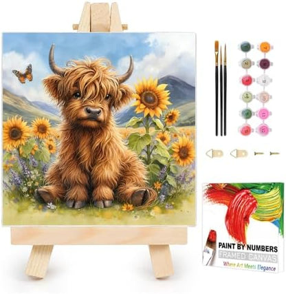 AUKELHJ Framed Paint by Numbers Kit for Adults, Highland Cow, 10x10 inch by Unknown