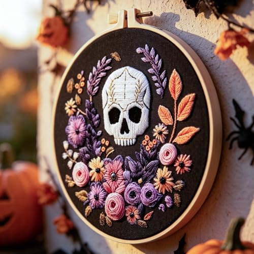 FONNUY Halloween Embroidery Kits for Beginners,Skull Pumpkin Spider Web Floral Stamped Cross Stitch Kit for Adults, Spooky Season Boho Wall Decor, 8'' Hoop (Skull 3) - Image 4