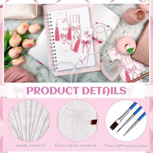Kosiz 12 Pcs Pink Bow Paint by Number Kit for Adult Wood Bookmark - Image 4
