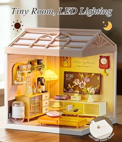 Modern Living Room DIY Miniature House Kit with Roof & LED Light, Stackable & Connectable Dollhouse Kit with Dustproof Door, Creative DIY Crafts Building Toy Gift for Adults Teens - Image 2