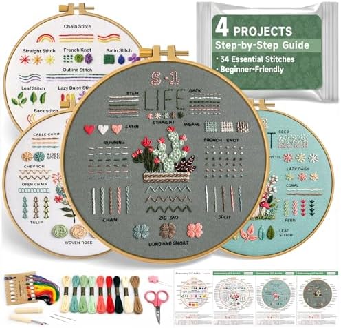 Bofoho 4 Pack Starter Embroidery Kit for Beginners with Simple Patterns by Bofoho