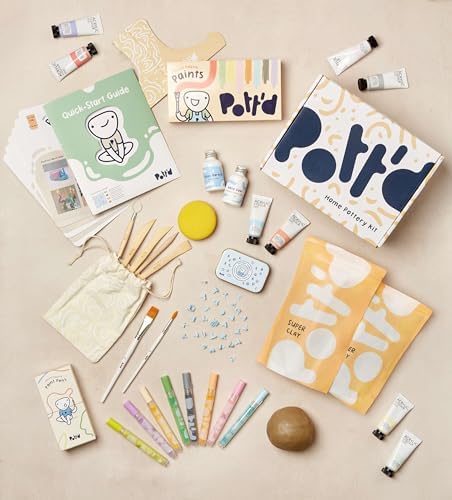 Pott'd Deluxe Edition Air Dry Clay at-Home Pottery Kit for Beginners Including Tools, Paints, Brushes, Varnish Seal, Instruction and Inspo Guide, Paint Pens, Pottery Stamps - Image 2
