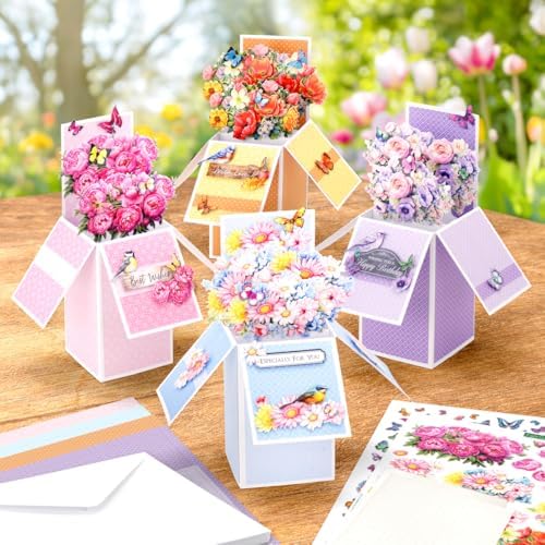 Katy Sue Blooming Box Bouquets Pop Up Card Making Kit. Make 8 3D Floral Box Cards. All-in-one Kit: Die-Cut Decoupage, Cardstock, Adhesive Pads, Envelopes & Instructions for Card Making Supplies - Image 3