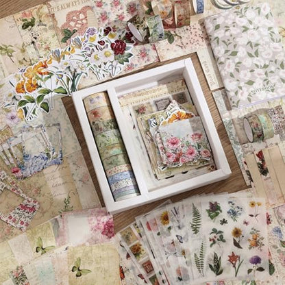 Vintage Botanical Scrapbooking Supplies Kit, Aesthetic Flower Scrapbook Kit for Bullet Junk Journal, 12 Rolls Washi Tape, Stickers Papers for DIY Journaling Supplies, Craft Gift for Girl Women - Image 6