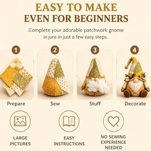 DIY Patchwork Gnome Sewing Kit, DIY Patchwork Animal Kit, Pre-Cut Felt Button Art Animal Craft Project Set, Handmade 3D Cozy Stuffed Gnome Creative Home Decor for Adults &Beginners, Halloween (EE) - Image 3
