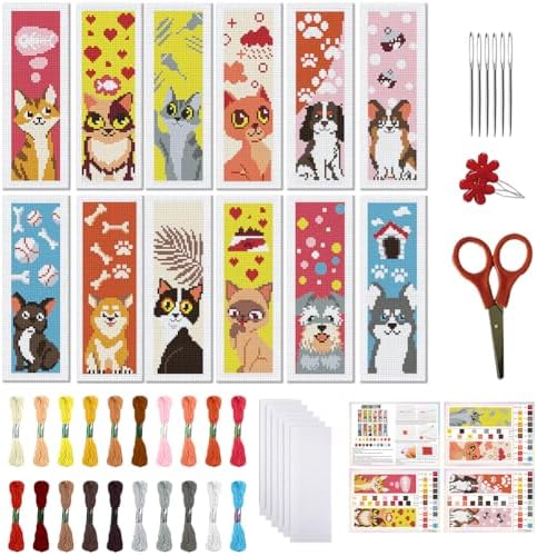 FREEBLOSS 12 Set Cross Stitch Bookmark Kits Colorful Pet Pattern Stamped Cross Stitch Kit 11CT Embroidery Kit with Instructions for Beginners 8 * 2.4inch by FreeandCreativeCraftsArt