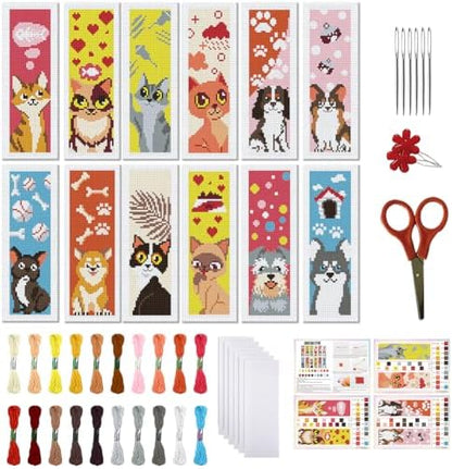 FREEBLOSS 12 Set Cross Stitch Bookmark Kits Colorful Pet Pattern Stamped Cross Stitch Kit 11CT Embroidery Kit with Instructions for Beginners 8 * 2.4inch by FreeandCreativeCraftsArt