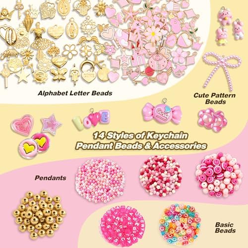 Ecoofor 707 Pcs Lip Gloss Beaded Keychain Making Kits, Pink DIY Bag Charm Kit, 78.8 Inch Chains, Key Chain Hooks, Jump Rings, Lobster Clasps, 452 Charms & Letter Beads, Tools & Gift Bags - Image 2