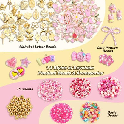Ecoofor 707 Pcs Lip Gloss Beaded Keychain Making Kits, Pink DIY Bag Charm Kit, 78.8 Inch Chains, Key Chain Hooks, Jump Rings, Lobster Clasps, 452 Charms & Letter Beads, Tools & Gift Bags - Image 2