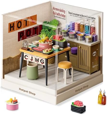 Hotpot Shop Super Miniature House Kit - DIY Plastic 3D Model Building Set for Adults & Teens, Build Your Own Hotpot Restaurant with Dustproof Case, Creative Craft Gift for Girls Women by Unknown