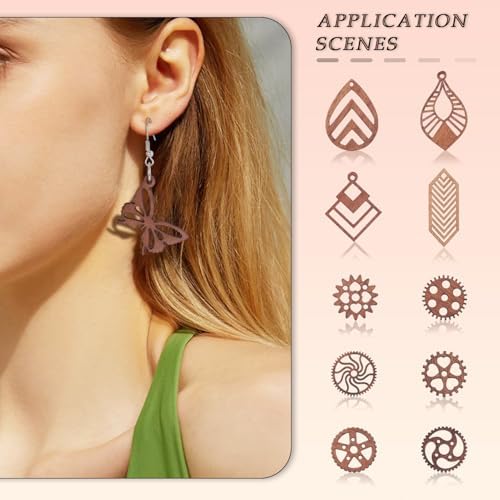 Elecrelive 11 Pairs Wooden Dangle Earring Kits Leaf Rhombus Butterfly Gear Wood Earring Pendants Natural Wooden Charms with Earring Hooks for Jewelry Craft Making - Image 4