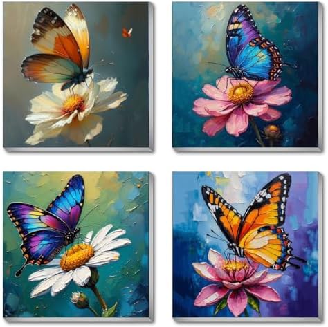 Canrichshop 4 Pack Butterfly Paint by Numbers for Beginner with Frame,Colorful Butterfly Adult Paint-by-Number Kits on Canvas, DIY Number Painting for Adults for Decor 8X 8 inch by Canrichshop